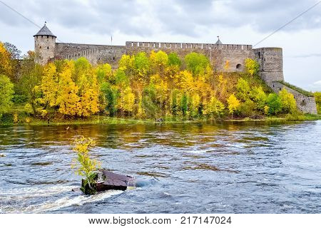 View of the old fortress in Ivangorod on the right Bank of the Narva river. Russia