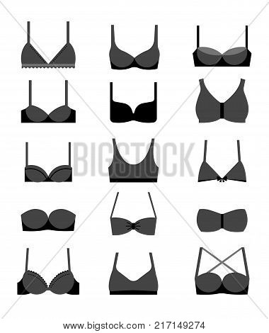 Collection of different types of bras fashion illustrations, icons