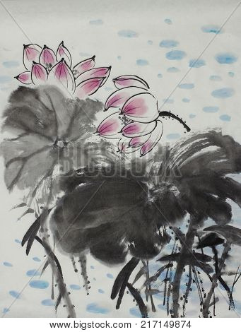 bright lotus flower painted in Chinese style