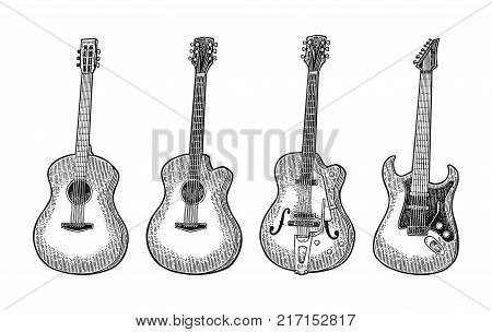 Acoustic and electric guitar. Vintage vector black engraving illustration for poster, web. Isolated on white background.