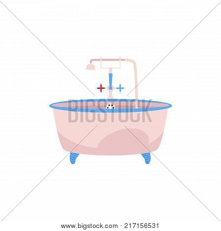 Side view clawfoot bathtub, bath tub with faucet, cold and hot water handles and douche, cartoon vector illustration isolated on white background. Side view cartoon bathtub with water facet and douche