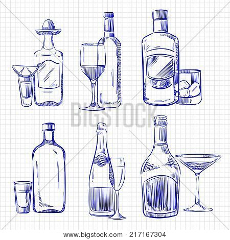Hand drawn popular drinks - ballpoint pen sketch alcohol bottles and glasses. Vector illustration
