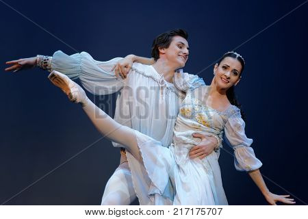 ST. PETERSBURG, RUSSIA - NOVEMBER 16, 2017: Soloists of Novosibirsk Opera and Ballet Theater Anna Germizeeva and Nikolay Maltsev perform during gala concert of great choreographer Oleg Vinogradov