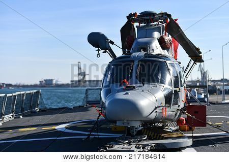 Helicopter On A Platform Of A Frigate