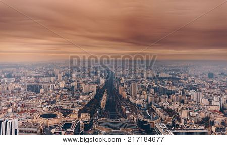 Aerial Panorama Of Paris City In Late Autumn From Maine-montparnasse Tower At Sunset.