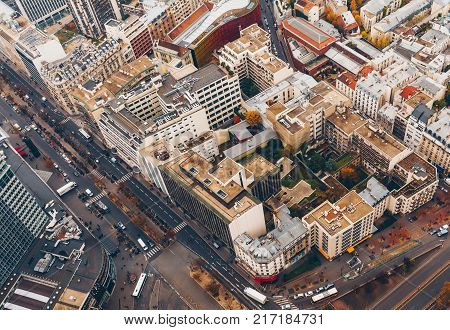Aerial Panorama Of Paris City In Late Autumn From Maine-montparnasse Tower At Sunset.