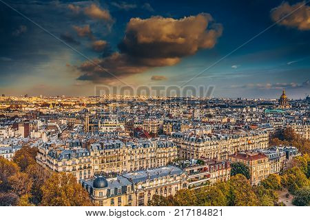 Aerial Panorama Of Paris City In Late Autumn From Maine-montparnasse Tower At Sunset.