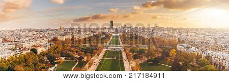 Aerial Panorama Of Paris City In Late Autumn From Maine-montparnasse Tower At Sunset.