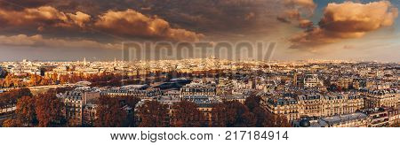 Aerial Panorama Of Paris City In Late Autumn From Maine-montparnasse Tower At Sunset.