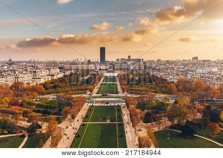 Aerial Panorama Of Paris City In Late Autumn From Maine-montparnasse Tower At Sunset.