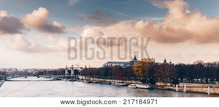 Aerial Panorama Of Paris City In Late Autumn From Maine-montparnasse Tower At Sunset.