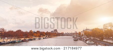 Aerial Panorama Of Paris City In Late Autumn From Maine-montparnasse Tower At Sunset.