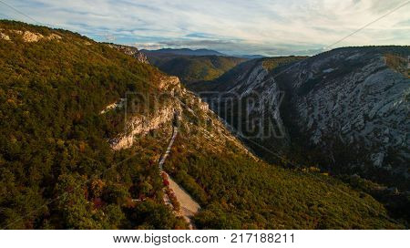 Aerial Drone View Of Amazing Autumn Colors In Fall Forest. Val Rosandra (glinscica) Trieste Italy