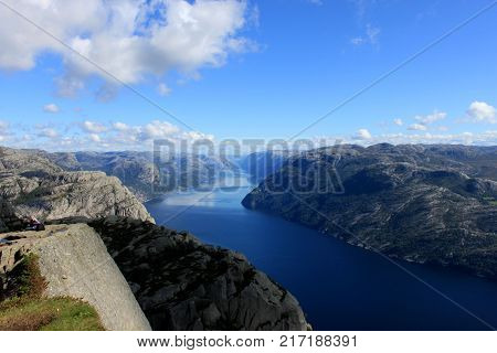 View from Preikestolen pulpit rock, Lysefjord in the background, Rogaland county, Norway.