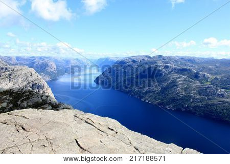 View from Preikestolen pulpit rock, Lysefjord in the background, Rogaland county, Norway.