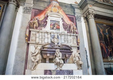 Florence Italy - April 03 2017: Michelangelo's tomb in the Basilica of Santa Croce