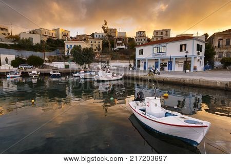 INOUSES, GREECE - NOVEMBER 10, 2017: Early morning view of the harbour on Inouses island in Greece on November 10, 2017.