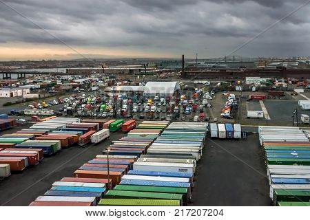KEARNY NEW JERSEY - DECEMBER 5: A scenic view of the Port Kearny trailer yard in and industrial area off the Turnpike as seen on December 5 2017 in New Jersey.