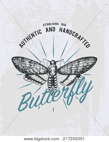 tee print butterfly, hawk moths or animal. t-shirt graphics design. Vector grunge background. vintage lettering and poster, print or banner. america typography. engraved hand drawn. insect with wings