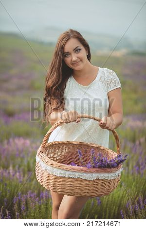 Beautifull Brunette Buxom Nubile Lady Woman With Deep Blue Eyes Posing On Field Of Spring Lavender W
