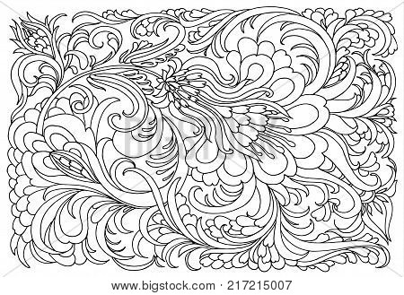 Background with flowers and plants. Black and white doodle vector illustration. Coloring book for adult and older children. Coloring page. Outline drawing.