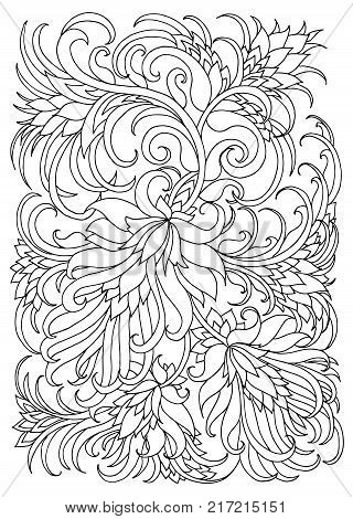 Background with flowers and plants. Black and white doodle vector illustration. Coloring book for adult and older children. Coloring page. Outline drawing.