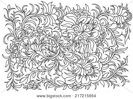 Background with flowers and plants. Black and white doodle vector illustration. Coloring book for adult and older children. Coloring page. Outline drawing.