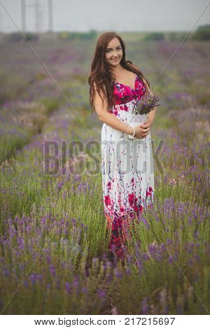 Beautifull Brunette Buxom Nubile Lady Woman With Deep Blue Eyes Posing On Field Of Spring Lavender W