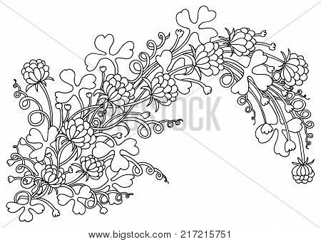 Background with flowers and plants. Black and white doodle vector illustration. Coloring book for adult and older children. Coloring page. Outline drawing.