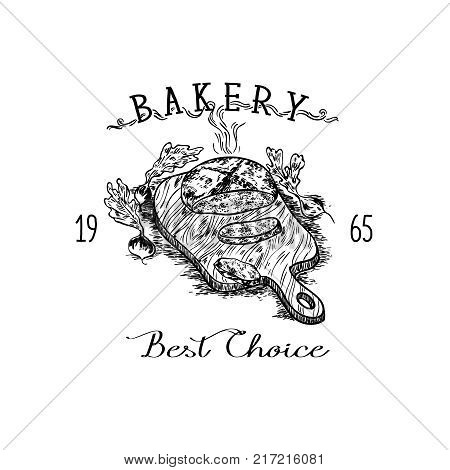 Logo for bakery, pastry shop, confectionery. Bread on the board. Hand draw. Vector illustration