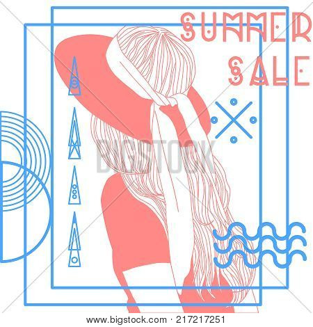 Summer sale labels.Girl in summer clothes. Vector illustration