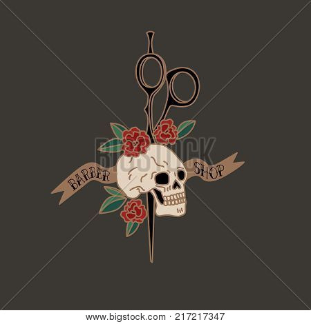 Logo for barbershop, hairdresser, beauty salon. Skull with scissors, roses, ribbon. Vector illustration colorful