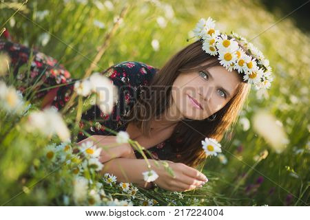 Charming Adorable Young Lady Woman Dark Brunette Hairs And Green Eyes Tender Sexy Posing With Flower