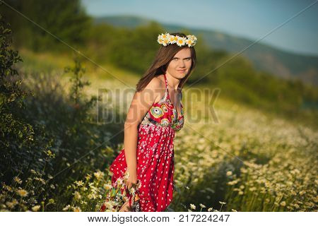Charming Adorable Young Lady Woman Dark Brunette Hairs And Green Eyes Tender Sexy Posing With Flower