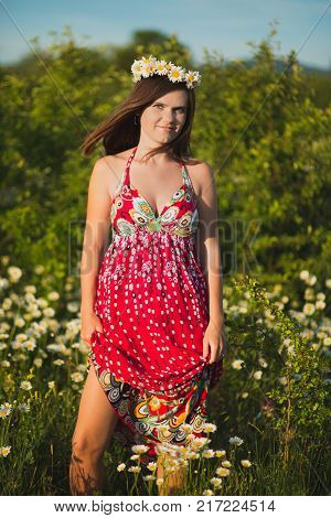 Charming Adorable Young Lady Woman Dark Brunette Hairs And Green Eyes Tender Sexy Posing With Flower