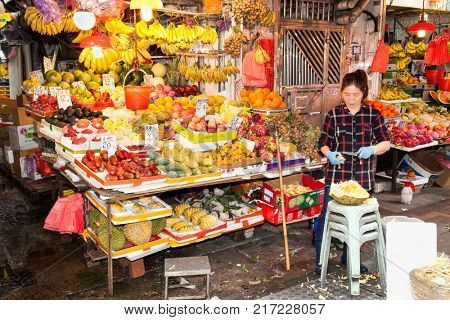 HONG KONG - JULY 14 2017: A fruit and vegetable stall in Sai Kung a popular seaside fishing village in Hong Kong. Sai Kung village is famous for its seafood restaurants and floating fish market.