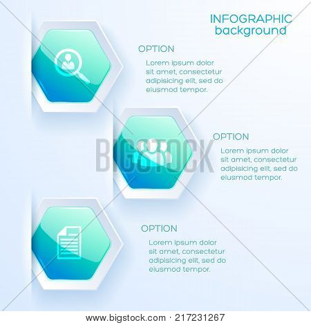 Business infographic option layout in paper style with hexagon markers and explanatory text flat vector illustration