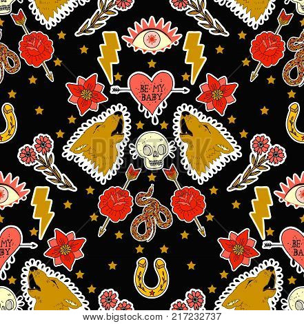 Seamless pattern. Set of stickers, pins, patches and handwritten notes collection in cartoon. Wolf, rabbit, cat, heart, flower and eye. Be my babe. Not your babe. Print on tshirts and other materials.