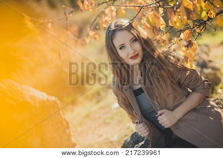 Sexy Amazing Lady Girl Nifty Stylish Dressed In Autumn Jacket With Blond Hairs And Pout Red Lips Wit