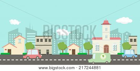 Street in public park with nature landscape and car building background vector illustration.Main street scene vector.City street with sky background