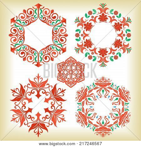 Ornate hexagons set. Colorful floral design, vector bedges.