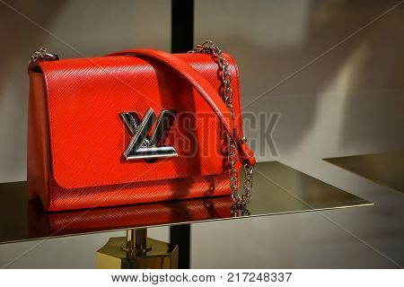 Milan, Italy - September 24, 2017:  Louis Vuitton Store In Milan. Fashion Week Louis Vuitton Shoppin