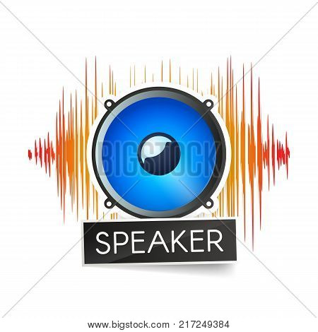 Blue speaker and orange waveforms on white background logo. Logotype of radio stations or apps vector illustration