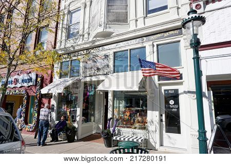 PETOSKEY, MICHIGAN / UNITED STATES - OCTOBER 18, 2017: One may purchase home furnishings, gifts and antiques at J.W. Shorter and Son Mercantile, on Lake Street in downtown Petoskey.