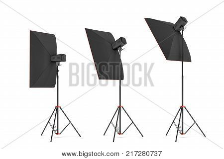 3d rendering of studio flash with big size softboxes stands turned down in several angles. Professional lighting gear. Photo shoot necessities. Preparation for photographer's work.
