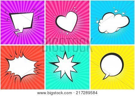Comic speech bubbles on halftone backgrounds set in pop art style. Black outline blank message balloons in shape of cloud heart star circle for comics book advertisement text web design badge