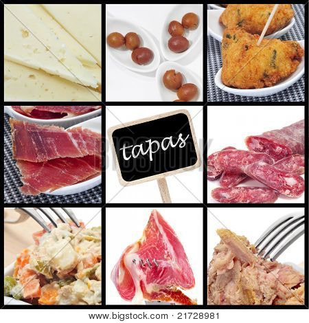 en collage af ni billeder af forskellige spanske tapas