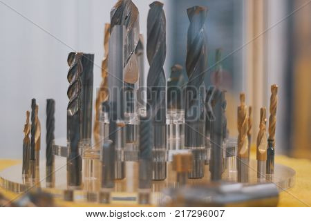 Set of tools - drills for metal - metal workshop, close up