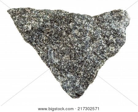 macro shooting of natural mineral rock specimen - rough olivinite stone isolated on white background from Kovdor region, Kola Peninsula, Russia