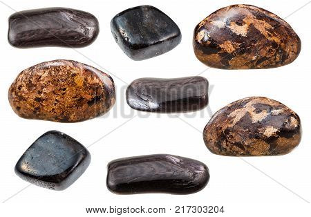 collection of natural mineral specimens - various forms of Enstatite rock (bronzite, hypersthene, anthophyllite) isolated on white background